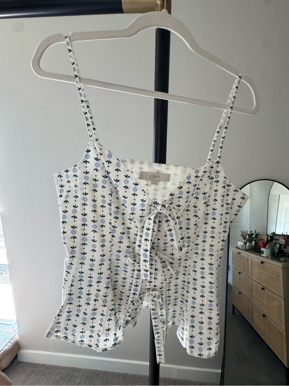 LOFT White Cami with Blue Floral Print and Lace-Up Front